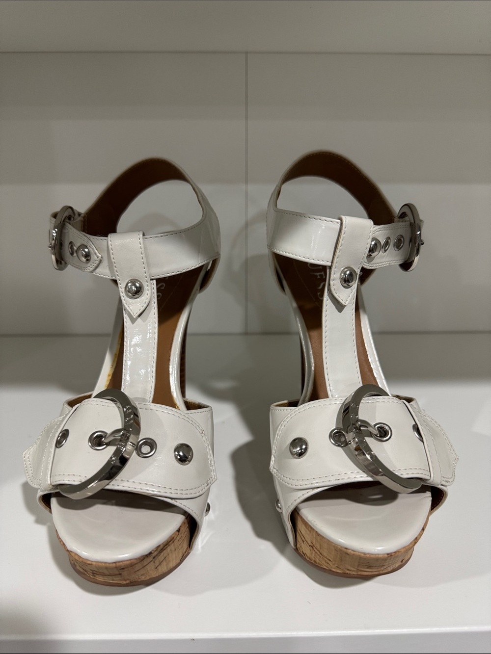GUESS White Patent Leather T-Strap Platform Sandals with Silver Hardware